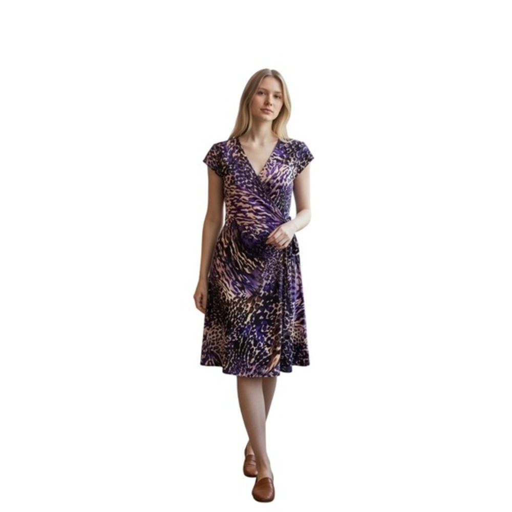 Laundry by Design‎ Purple Leopard Print Sheath Dress Women Size 6 V Neck Ruched